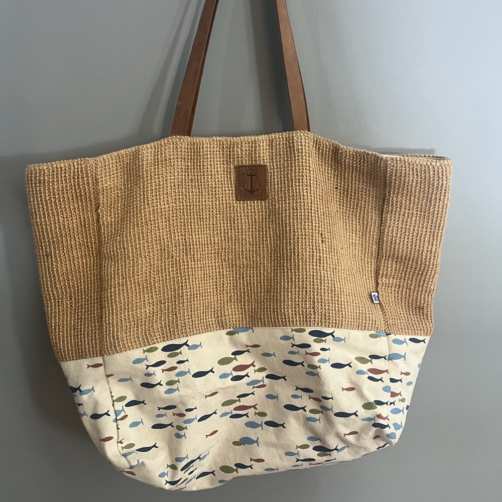 DEI Jute & Canvas Nautical Tote with Leather Handle Large Summer Bag 16x15x7”
